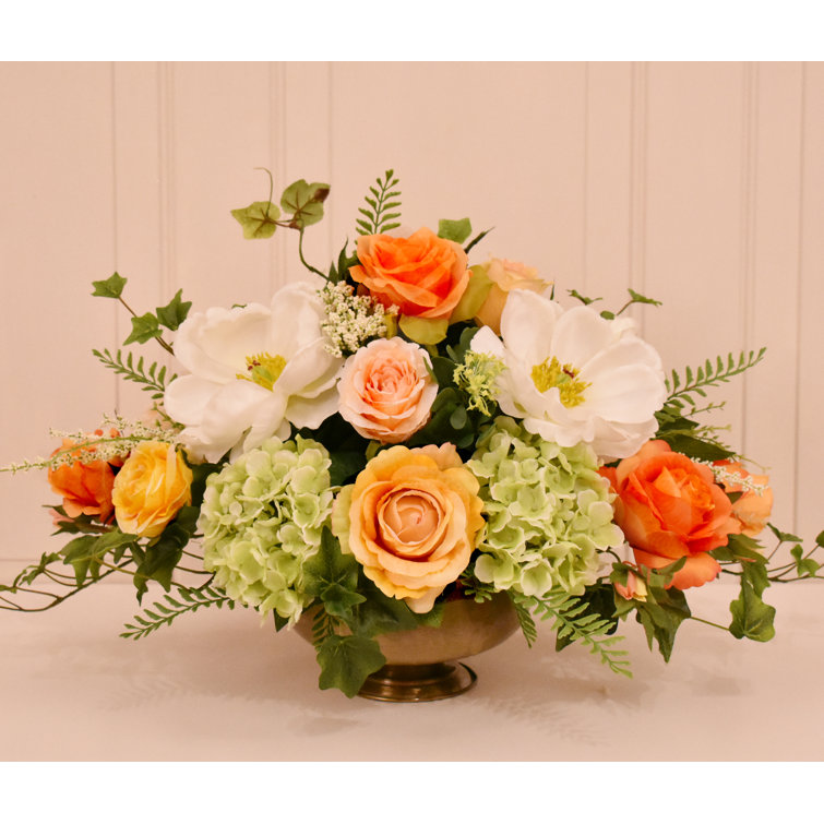 Floral Home Decor Magnolia and Rose Silk Flower Centerpiece & Reviews